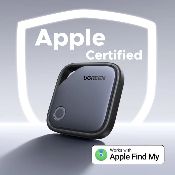 UGREEN device with Apple Certified and Apple Find My logos on a gray background