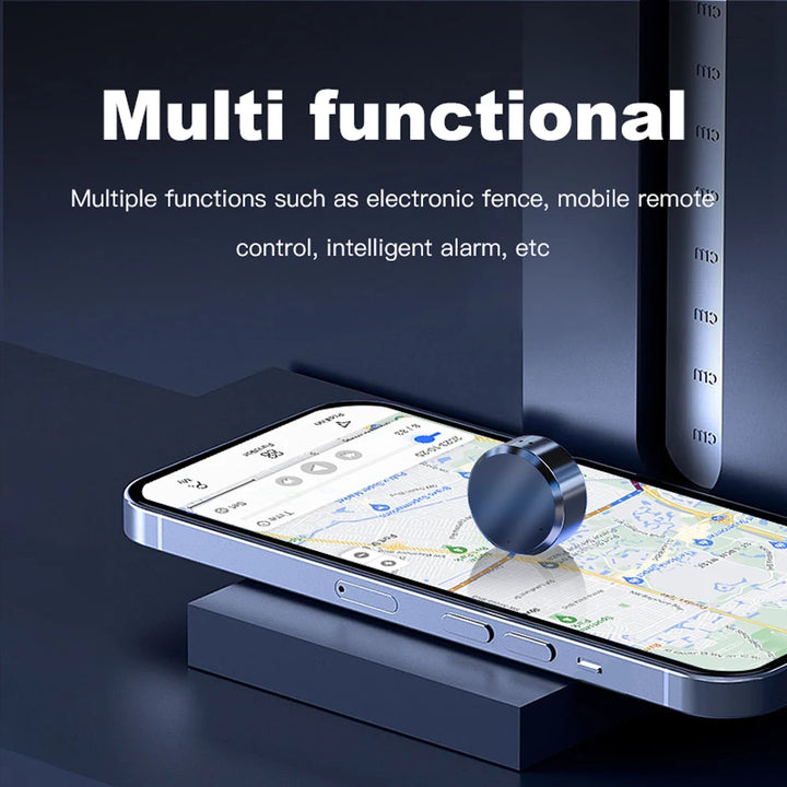 Smartphone with app interface on screen, accompanied by a small round device, on a dark background.