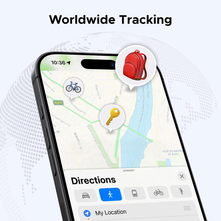 Smartphone displaying a location tracking app with a red backpack icon on a white background