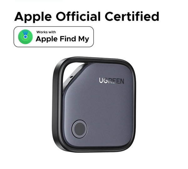 device certified by Apple with 'Works with Apple Find My' badge on a white background