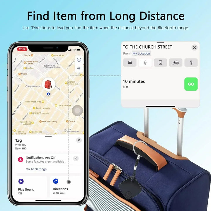 Smartphone app interface with map and suitcase featuring a Bluetooth tag on a blue background