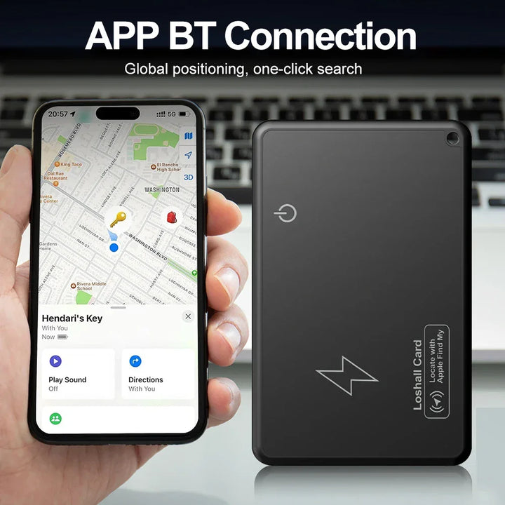 Smartphone with app displaying global positioning and a black device labeled 'Loeshall Card' on a blurred background.