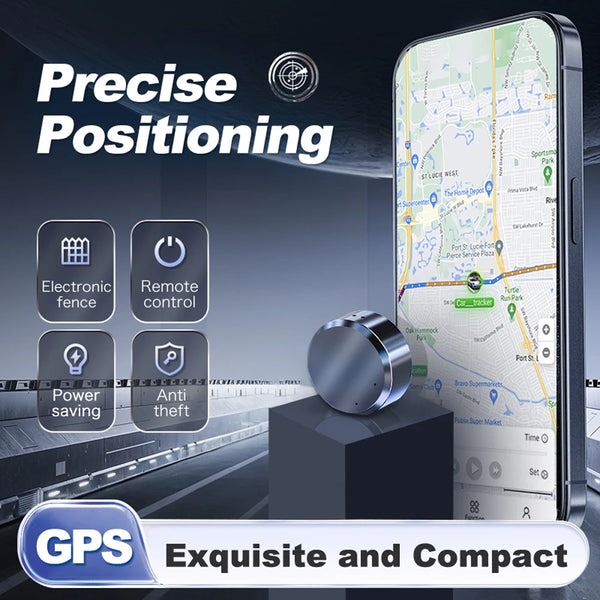 GPS device with smartphone displaying map, features listed, and 'Exquisite and Compact' label.