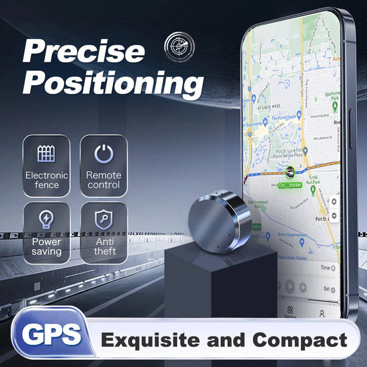 GPS device with smartphone displaying map, features listed, and 'Exquisite and Compact' label.