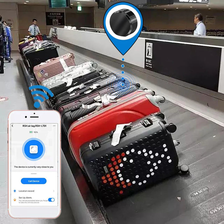 Baggage claim area with suitcases and a smartphone app interface for tracking luggage.